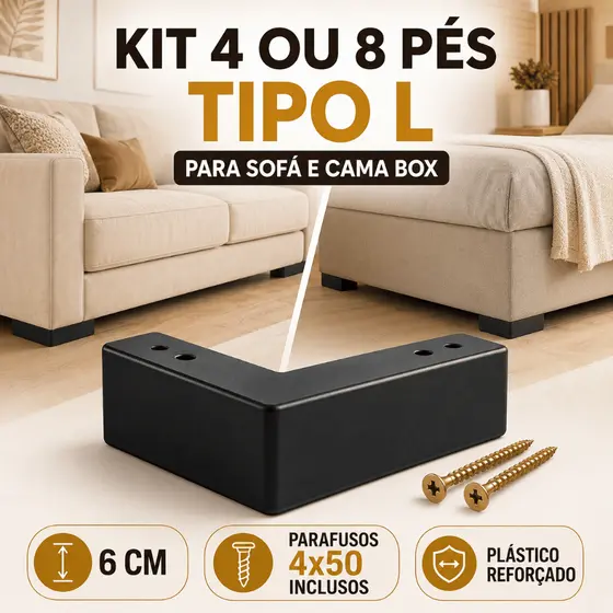 Kit 4 ou 8 Pés Tipo L 6 cm para Sofá e Cama Box com Parafusos 4x50 Plástico Reforçado