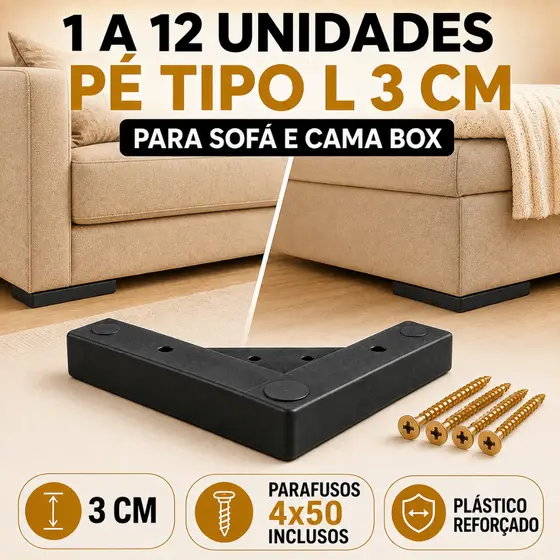 Pé Tipo L Cantoneira Sofá Cama Box Puff Rack Reforçado 20x20cm Com Parafuso 2 a 12 Un