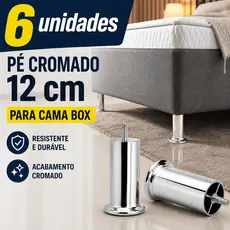 Pés para Cama Box Cromados 12 cm Reforçados Rosqueáveis 6 Unidades