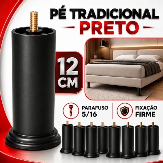 Pé Cama Box 12cm Preto Reforçado 6 ou 12 Unidades Parafuso Rosca 5/16