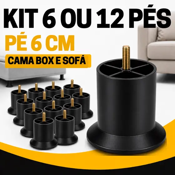 Kit 6 ou 12 Pés Redondos 6 cm para Sofá e Cama Box com Parafuso 5/16 Plástico Reforçado