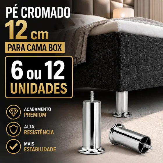 Pé para Cama Box Cromado 12 cm Reforçado Rosqueável 6 ou 12 Unidades