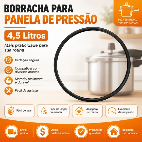 Borracha para Panela de Pressão 4,5 Litros Preta - Compatível com Diversas Marcas