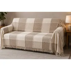 Manta  para Sofá Xale 3 Lugares 2,20mx2,60m Xadrez Bege Cru com Franjas Artesanal Decorativa Premium