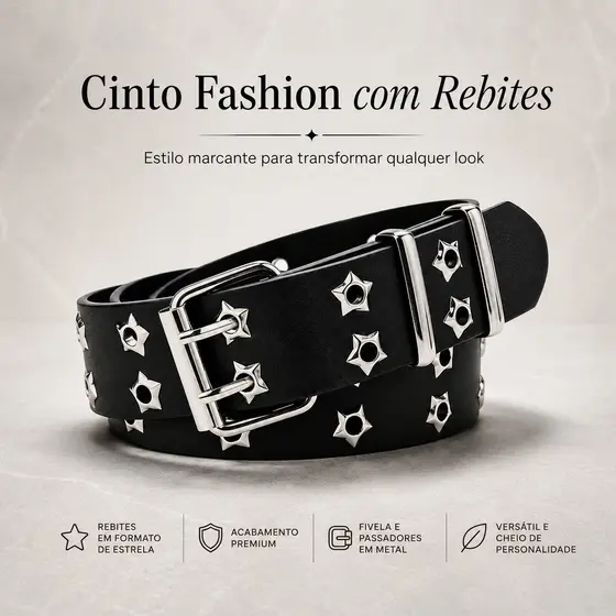 Cinto Feminino Fashion com Rebites em Estrela | Ajustável | Fivela Dupla Metálica | Casual e Social