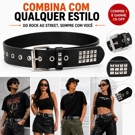 Cinto Punk Feminino Preto com Rebites Quadrados para Calça Jeans Vestido e Shorts