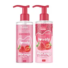 Kit 2pçs Hidratante e Sabonete Liquido Corpo e Rosto Morango 200ml Vegano Lovely - Face Beautiful