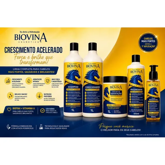Kit Completo Biovina Cuidados Capilares 4 Produtos Shampoo Condicionador Máscara e Óleo