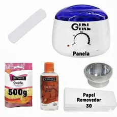 Kit Depilação Aquecedor Cera Quente Panela Elétrica + 1 Pct Cera Perolada 500g + Palios + Papel removedor