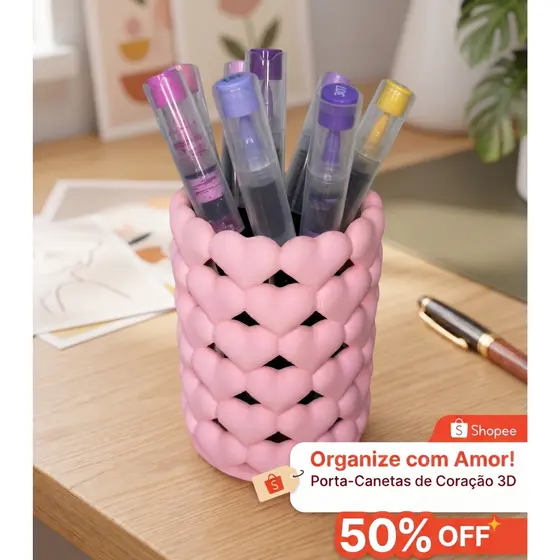 Porta Caneta Lápis Coração 3D Organizador Mesa Suporte Pincel Maquiagem Decorativo Escritório