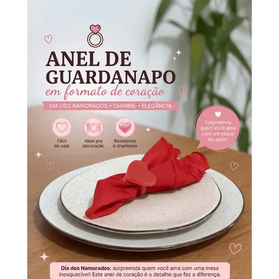 Kit Anel Porta Guardanapo Coração - Dias dos Namorados