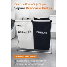 Cesto de Roupa Suja Duplo Dobrável Separador Brancas e Pretas Lavanderia Grande Capacidade Estrutura Metálica