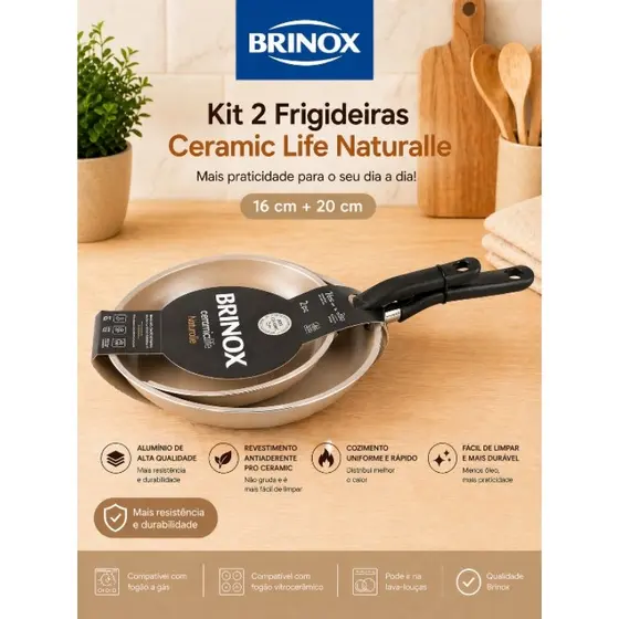 Kit 2 Frigideiras Brinox Ceramic Life Naturalle 16cm e 20cm Antiaderente Preta,vermelha e champanhe