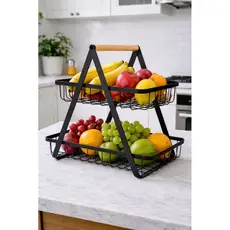 Fruteira Dupla de Metal com Alça de Madeira Organizador de Frutas 2 Andares Cozinha Bancada Moderna