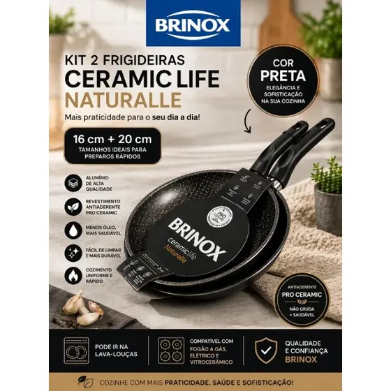 Kit 2 Frigideiras Brinox Ceramic Life Naturalle 16cm e 20cm Antiaderente Preta