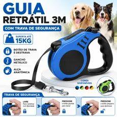 Guia Retrátil 3m para Cachorro e Gato até 15kg Coleira Automática Resistente Trava Segura