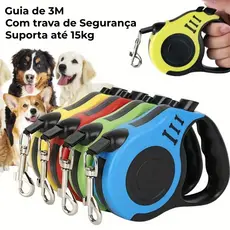 Guia Retrátil 3m para Cachorro e Gato até 15kg Coleira Automática Resistente Trava Segura passeio