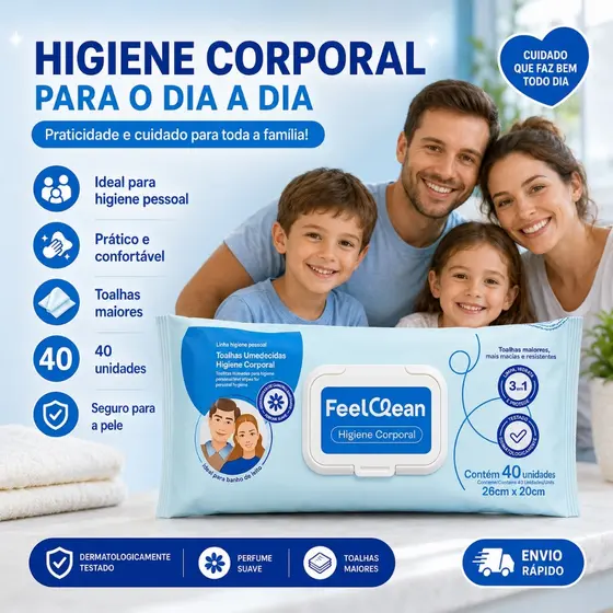 Toalhas Umedecidas Higiene Corporal FeelClean 40un 26x20cm | Banho de Leito Limpa Hidrata Protege