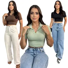 Blusa Cropped Gola Polo Ribana Canelada Premium