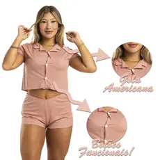 Pijama Baby Doll Feminino Canelado com Gola e Botão Adulto
