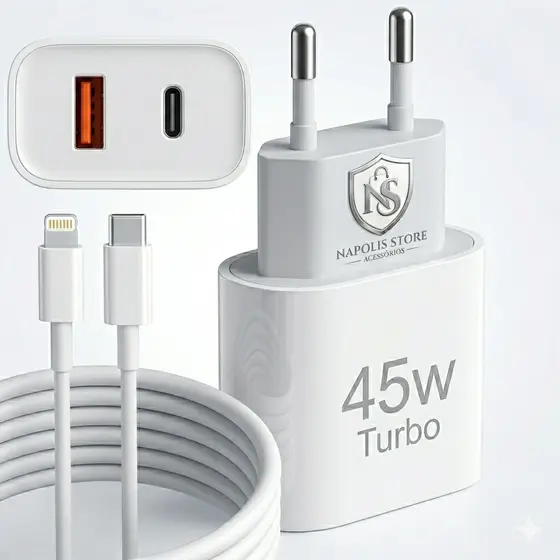Carregador Iphone Turbo 45W 2 Entradas USB e USB-C + Cabo Lightning Iphone 6 7 8 X XR XS 11 12 13 14