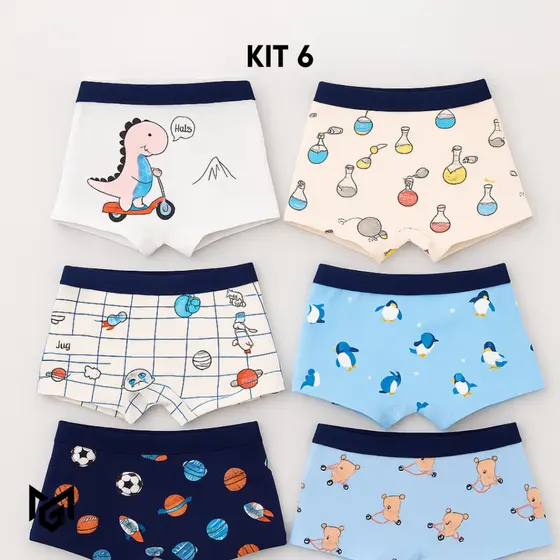 Kit 6 Cuecas Infantis Boxer Shortinho 100% Algodão Toque Macio Ultra Confortável Estampas Sortidas