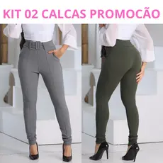 Kit 2 Calça Feminina Crepe Calca Cinto Forrado Skinny Cintura Alta Social Bolso
