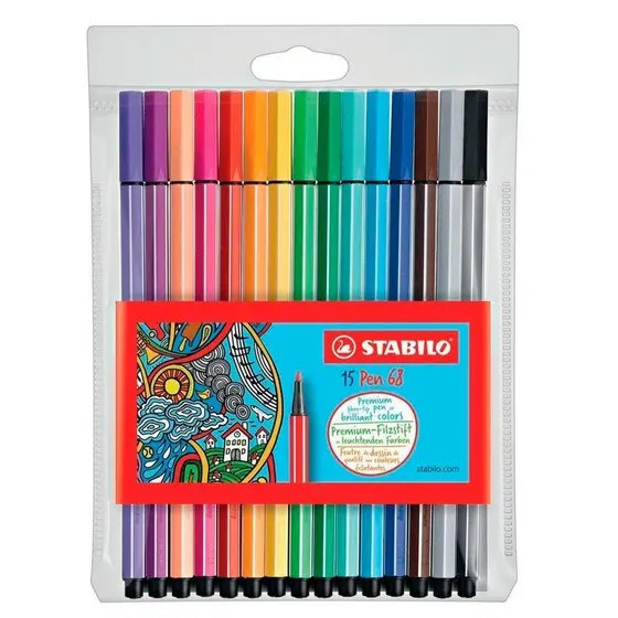 Caneta hidrográfica Pen 68-6815 estojo com 15 unidades Stabilo