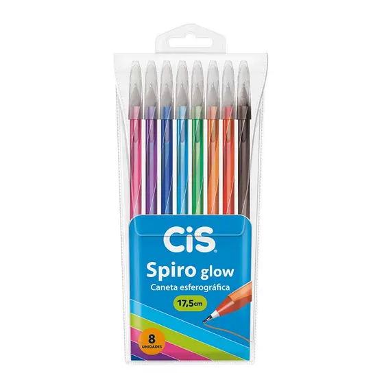 Caneta esferográfica 0.7mm Spiro Glow com 8 unidades Cis