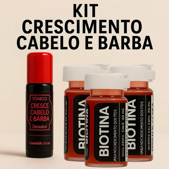 Kit Crescimento Cabelo e Barba – 1 Tônico Alecrim e Jaborandi + 3 Ampolas de Biotina Dermabe