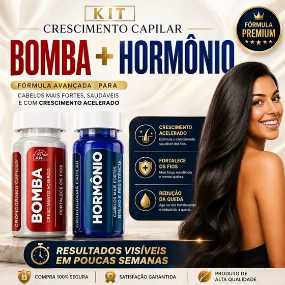 Anabolizante Capilar Bomba + Hormônio. Kit com 12 Ampolas para Crescimento Rápido dos Cabelos