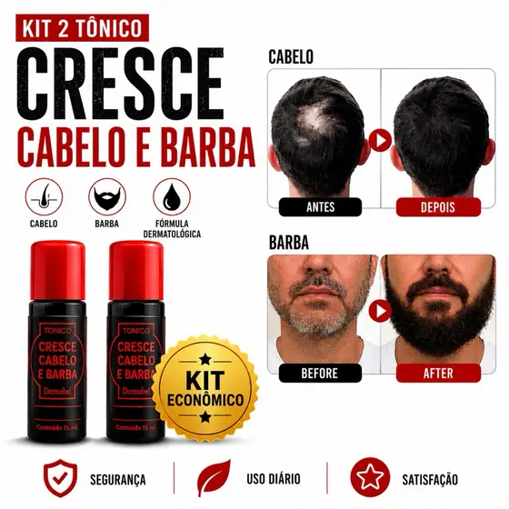 Kit 2 Tônicos Cresce Cabelo e Barba Dermabel Ganhe 2 Ampolas de Crescimento Capilar de Brinde