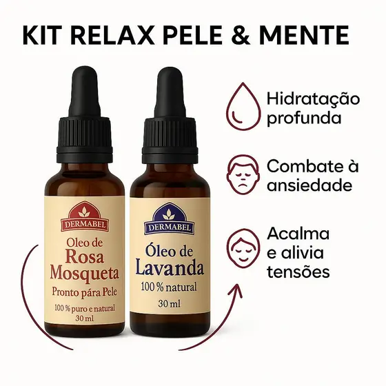 Kit 2 Óleos Rosa Mosqueta + Lavanda 30 ml combate a ansiedade e melhora o sono Hidratação Dermabel.