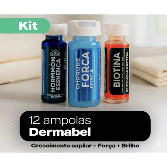 Kit 12 Ampolas para Crescimento Capilar, Mais Força e Brilho Ajuda na Queda dos Cabelos Dermabel