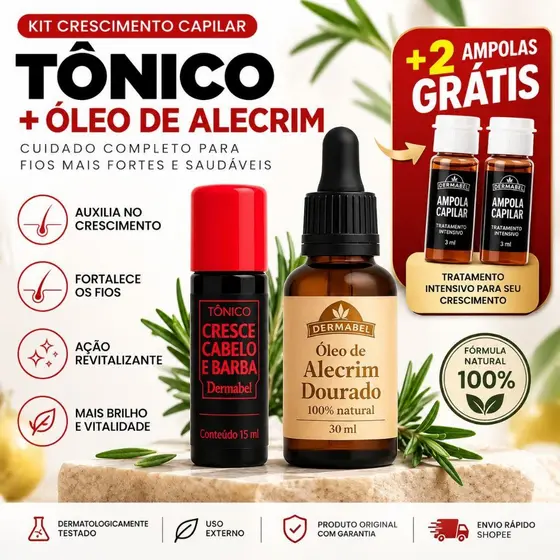 Kit Crescimento Capilar Barba e SobrancelhaTônico + Óleo 30 ml de Alecrim Ganhe 2 ampolas Grátis Dermabel