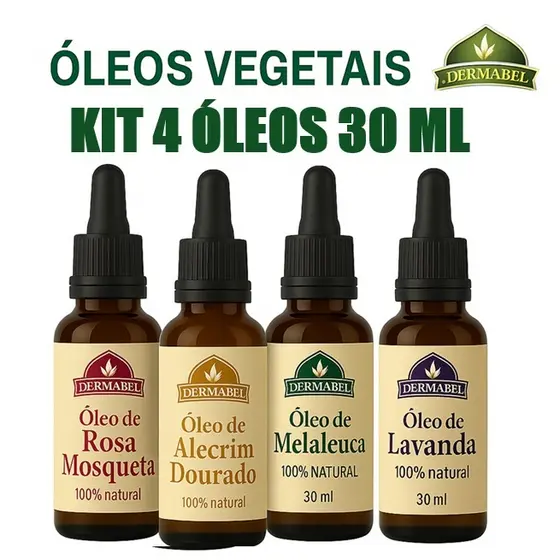 Kit 4 Óleos Melaleuca, Alecrim, Rosa Mosqueta e Lavanda 100% Naturais. Combate Micose, acne Dermabel