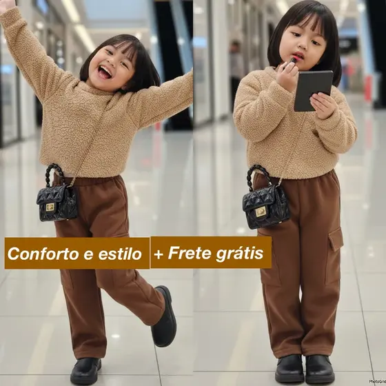 Conjunto Menina Marrom Inverno 2 a 14 Anos Casaco Carneirinho e Calça Moletinho Roupa Estilosa