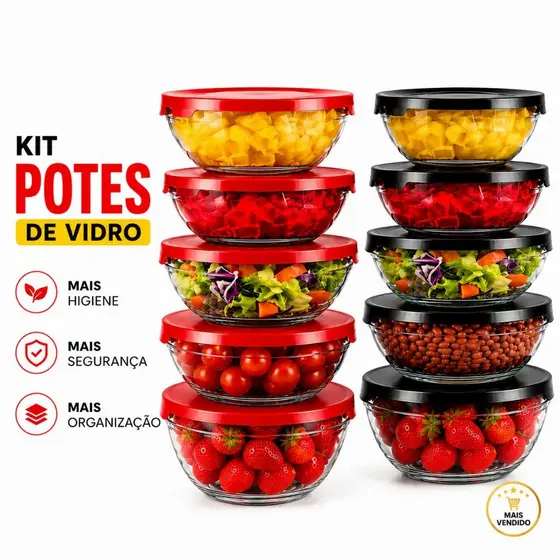 Conjunto Potes Tigela de vidro Bowl com Tampa 5/10 peça Resistente Organizador de Geladeira Herméticos Cozinha Refeições