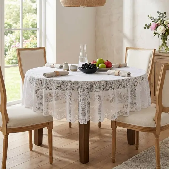 Toalha De Mesa Em Renda Redonda 1,6m 4 Lugares Jacquard Floral Beija Flor