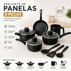 Jogo de Panelas Antiaderente 8 peças tampa de Vidro Baunilha Teflon