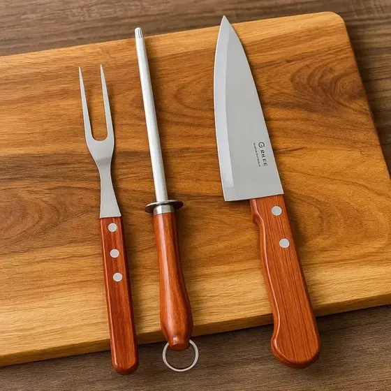 Kit Churrasco 3 Peças Faca Garfo Chaira Inox Cabo Madeira Profissional
