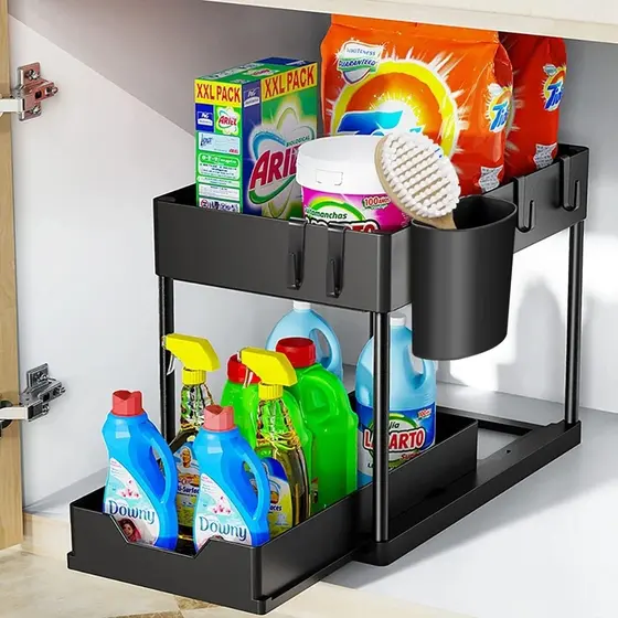 Organizador 2 Níveis Deslizante Corrediça Multiuso Armário Cozinha Banheiro Rack Preto Branco Resistente