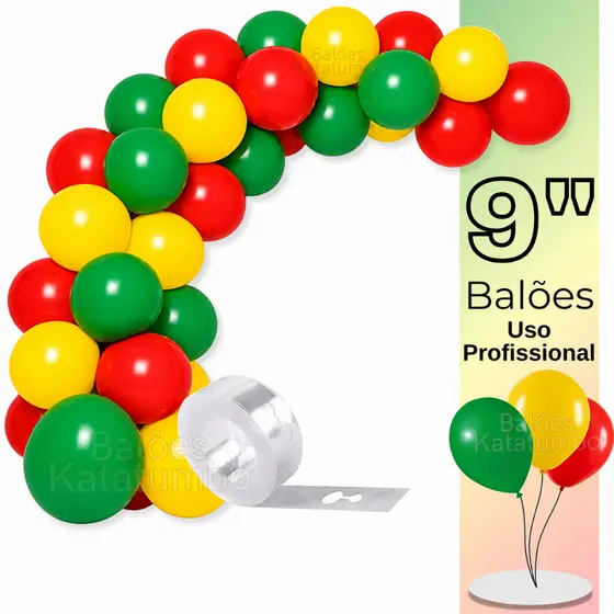 Balão Bexiga Látex 9 Pol- 75/150Unds, Verde Bandeira, Vermelho, Amarelo + Tira Arco Desconstruído - Balão de Aniversário