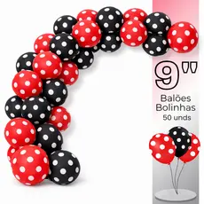 Kit 50 Balões Bexiga Látex Vermelho Com Bolinhas Brancas, Preto Com Bolinhas Brancas- Tamanho 9 Polegadas