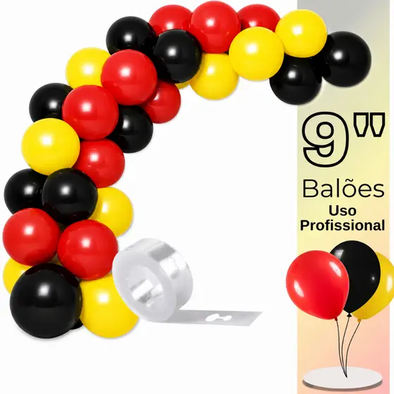 Balão Bexiga Látex 9 Pol - 75 ou 150 Unds, Preto, Amarelo, Vermelho+ Tira Arco Desconstruído - Balão de Aniversário