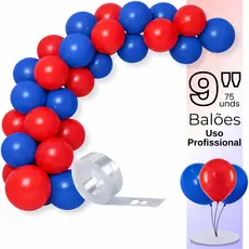 Balão Bexiga Látex 9 Pol - 75 Unds, Azul Royal e Vermelho + Tira Arco Desconstruído - Balão de Aniversário