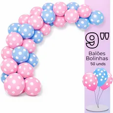 Kit 50 Balões Bexigas Látex 9 Polegadas Azul ou Rosa com Bolinhas Brancas Chá Revelação– Decoração Festa Infantil