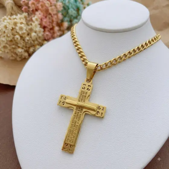 Colar Masculino Aço Inoxidável Dourado Religioso + caixinha