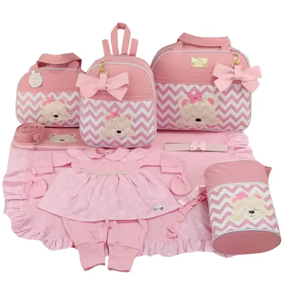 Kit Bolsa Maternidade Urso Chevron Menina Várias Cores + Saida de Maternidade