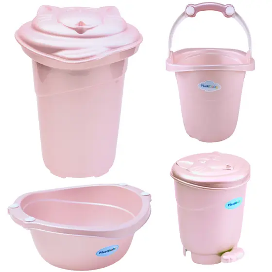 Kit 4 Peças Com Cesto de Roupas ou Banheira de Bebê Plastibaby Com Bacia, Balde e Lixeira Infantil